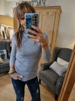 Alternative view of Pull col roulé gris pailleté